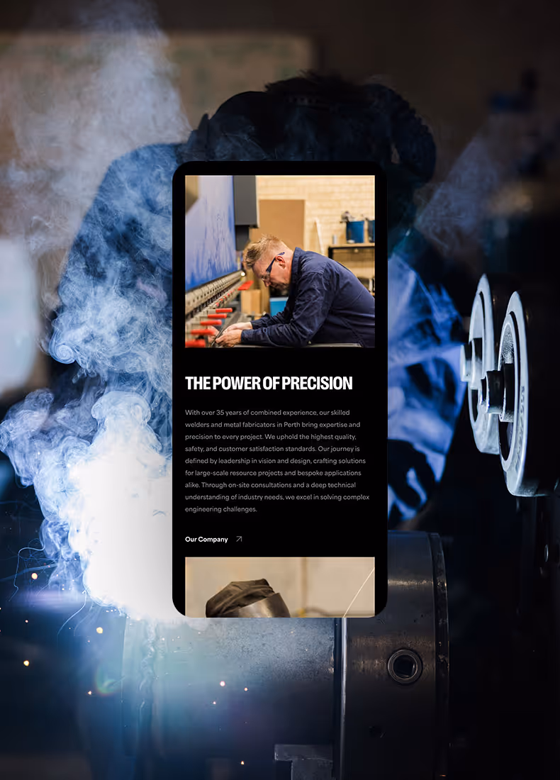 Worker operating machinery with sparks and smoke, overlaid with Spectrum Welding’s “The Power of Precision” webpage.