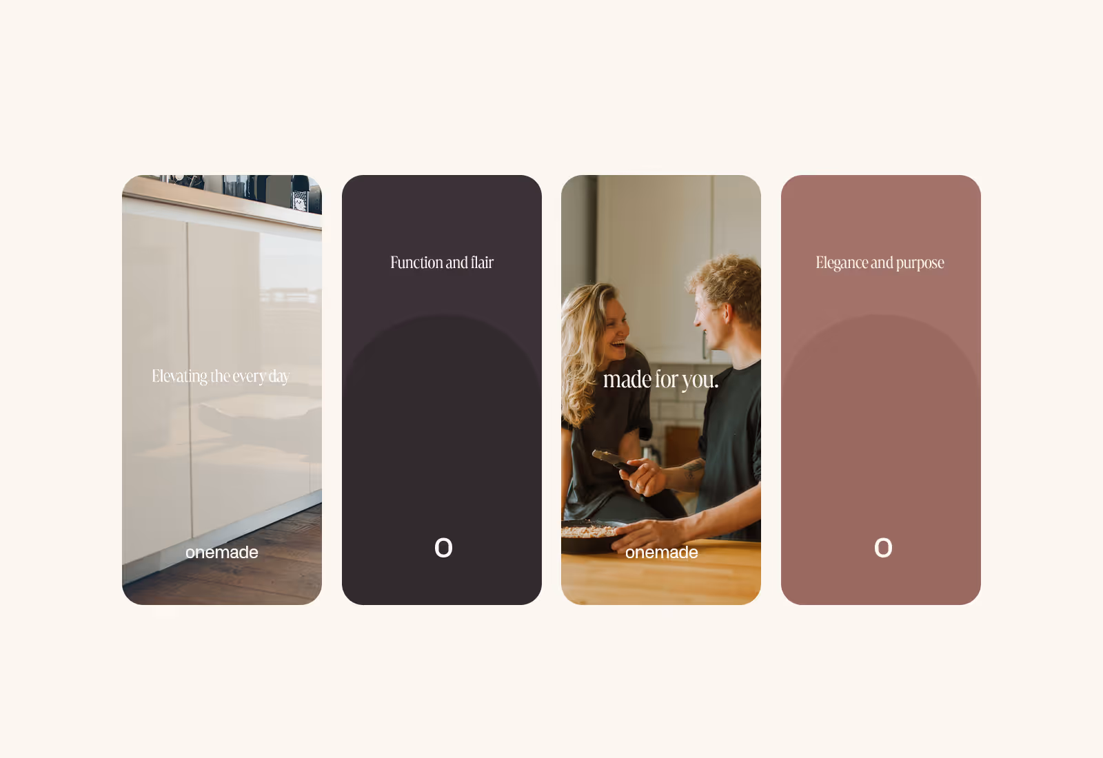 Four Onemade mobile story graphics featuring lifestyle shots and product designs.
