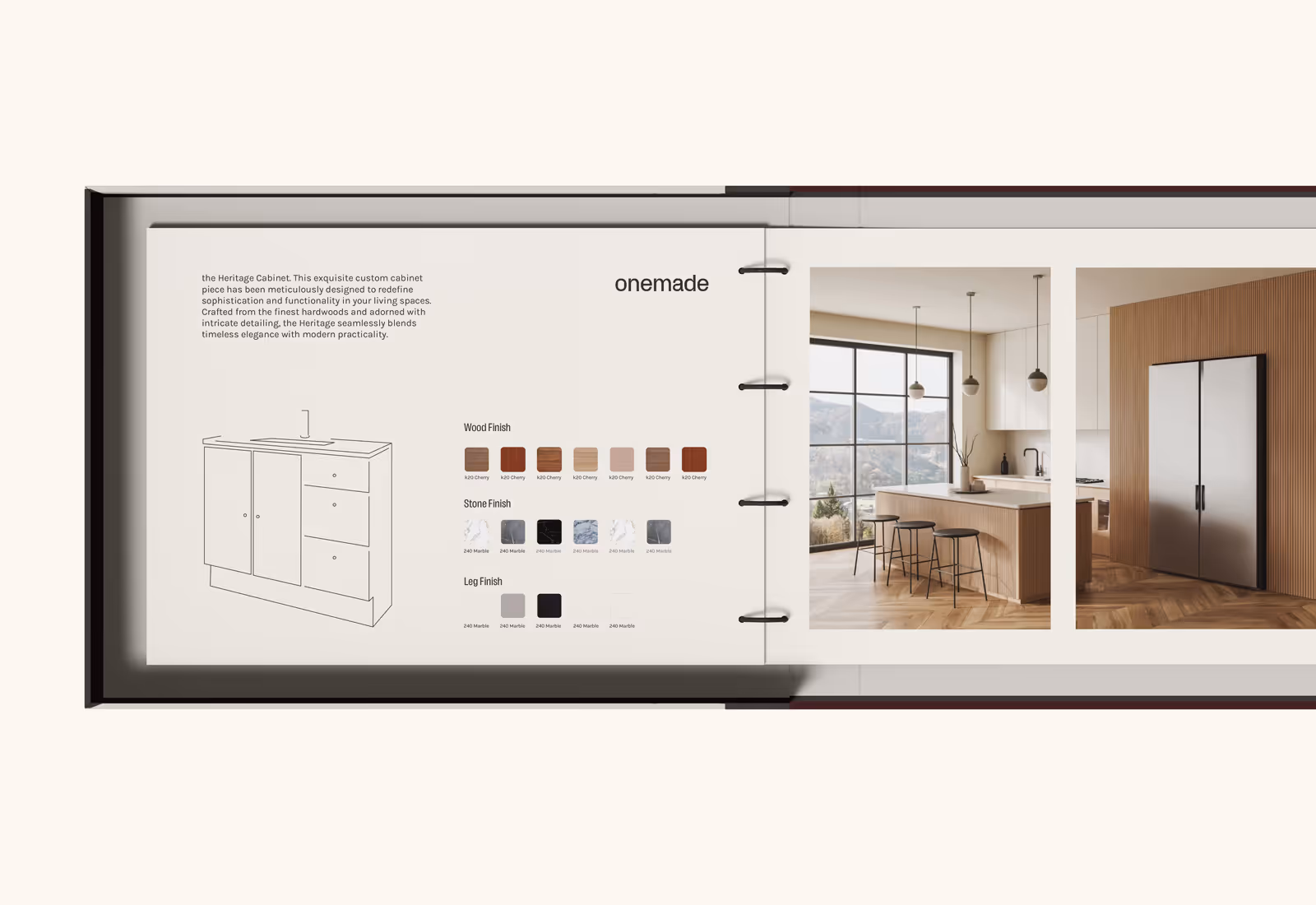 Onemade product brochure showing finish options and modern kitchen photography.