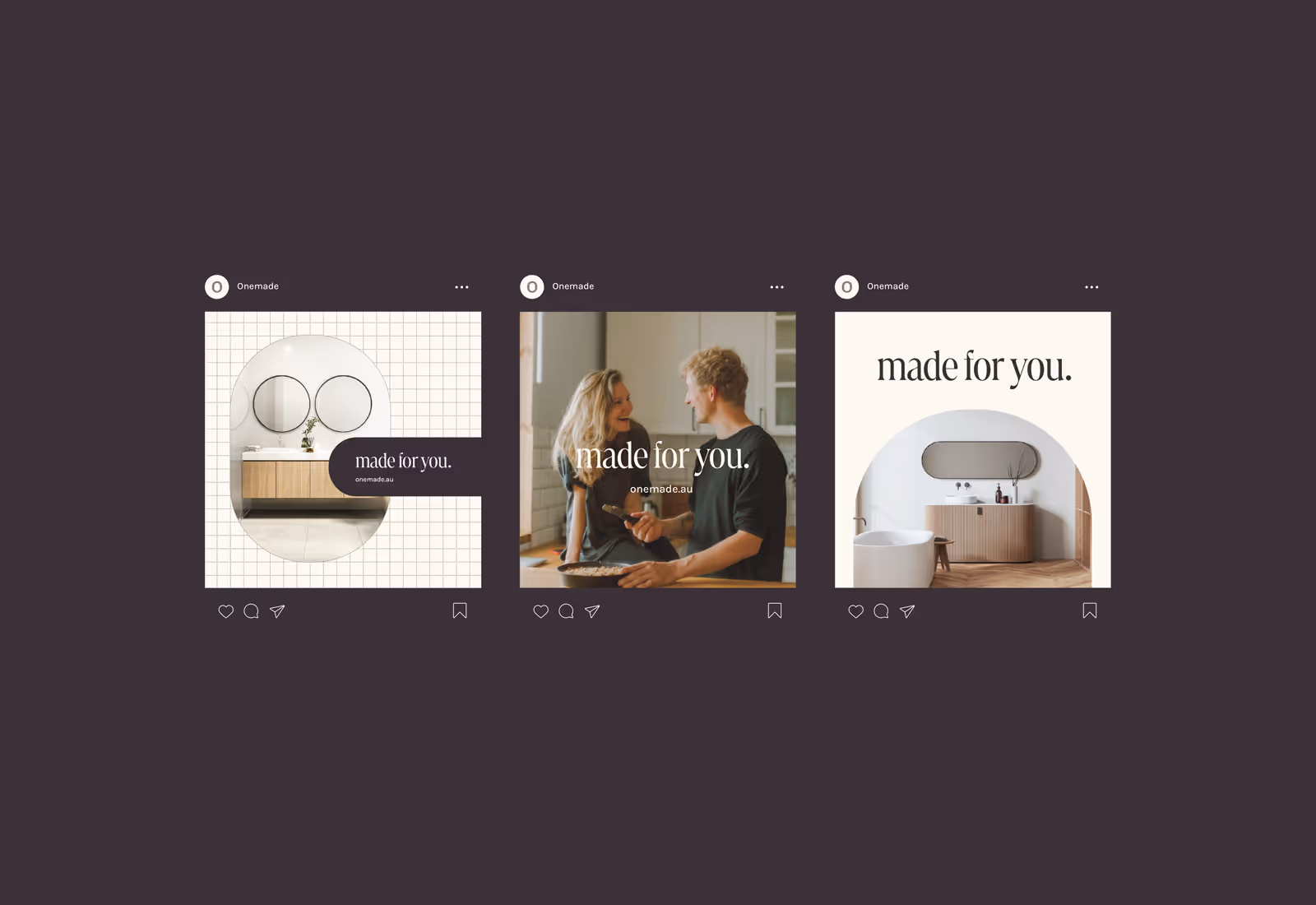 Instagram carousel showcasing Onemade’s “Made for you” campaign with bathroom vanity, couple cooking, and modern bath space.