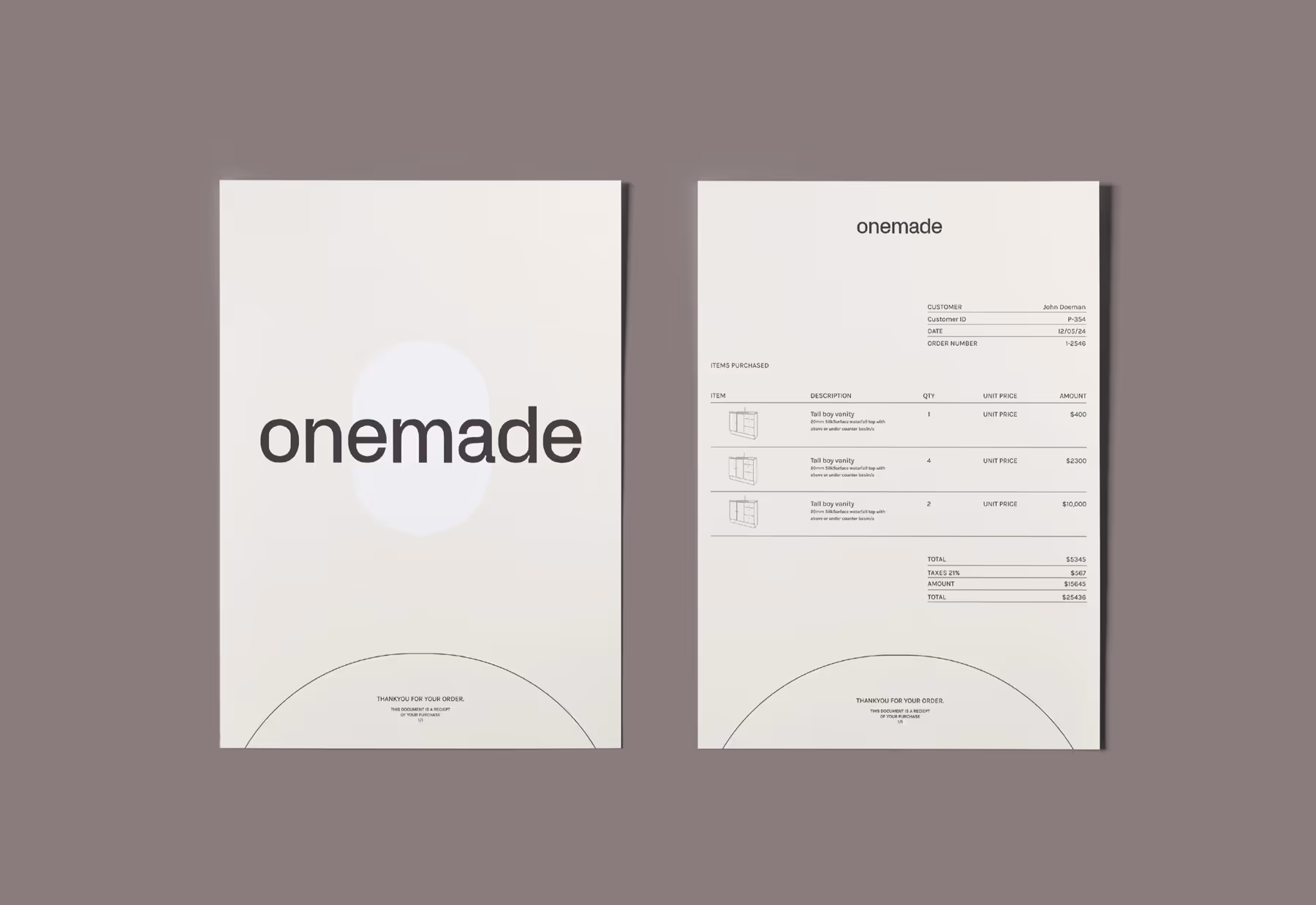 Onemade minimalist invoice and branded stationery design in soft neutral tones.