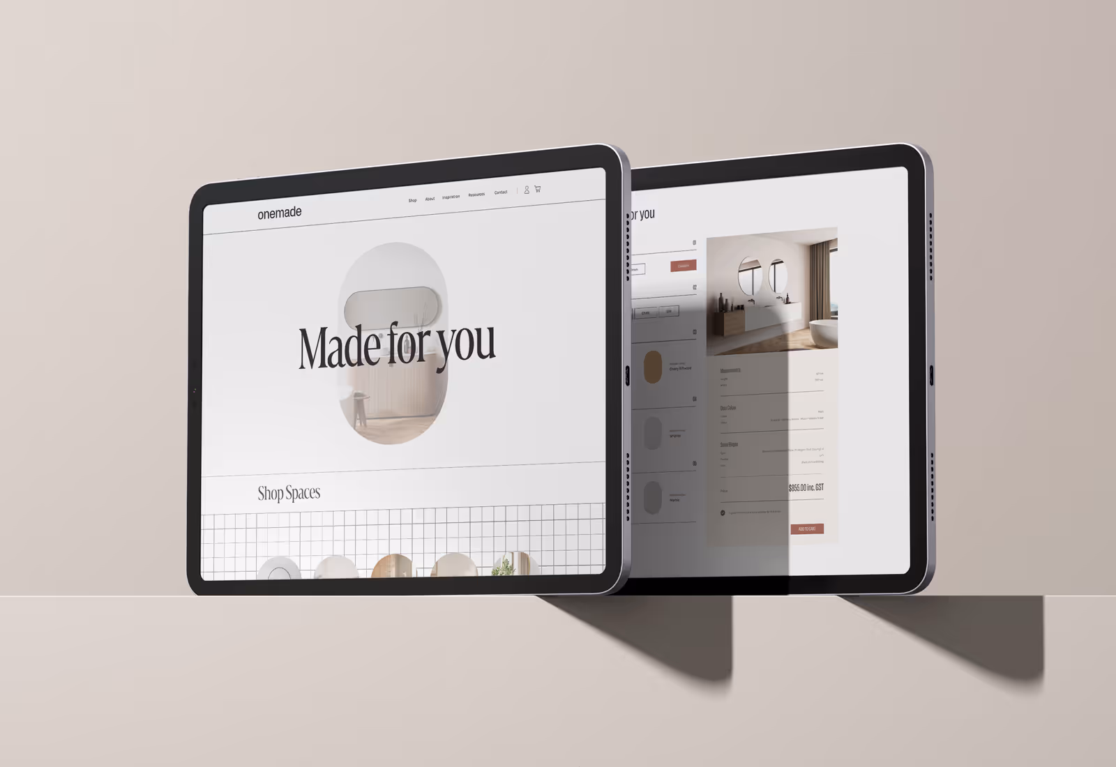 Two tablets displaying Onemade’s e-commerce website with “Made for you” branding and product pages.