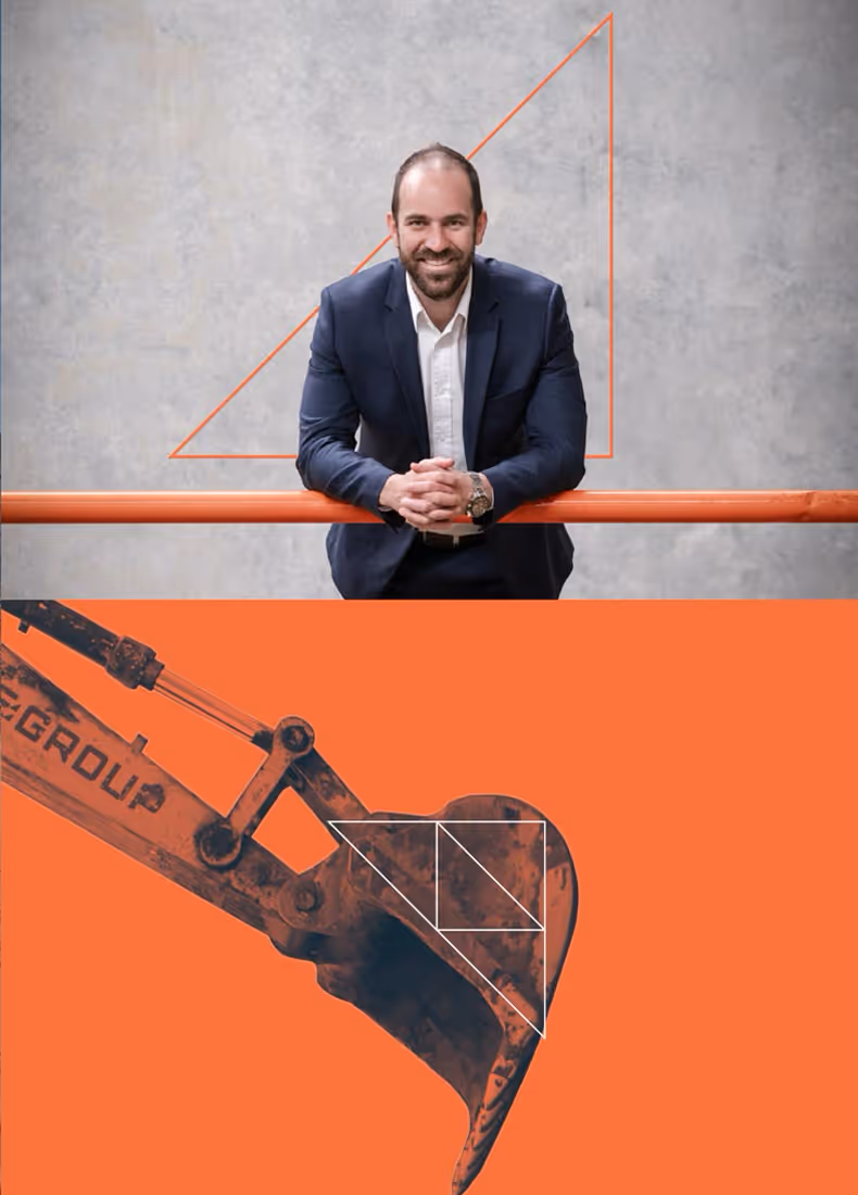Man in suit by orange railing and excavator bucket with REGROUP graphic overlay.