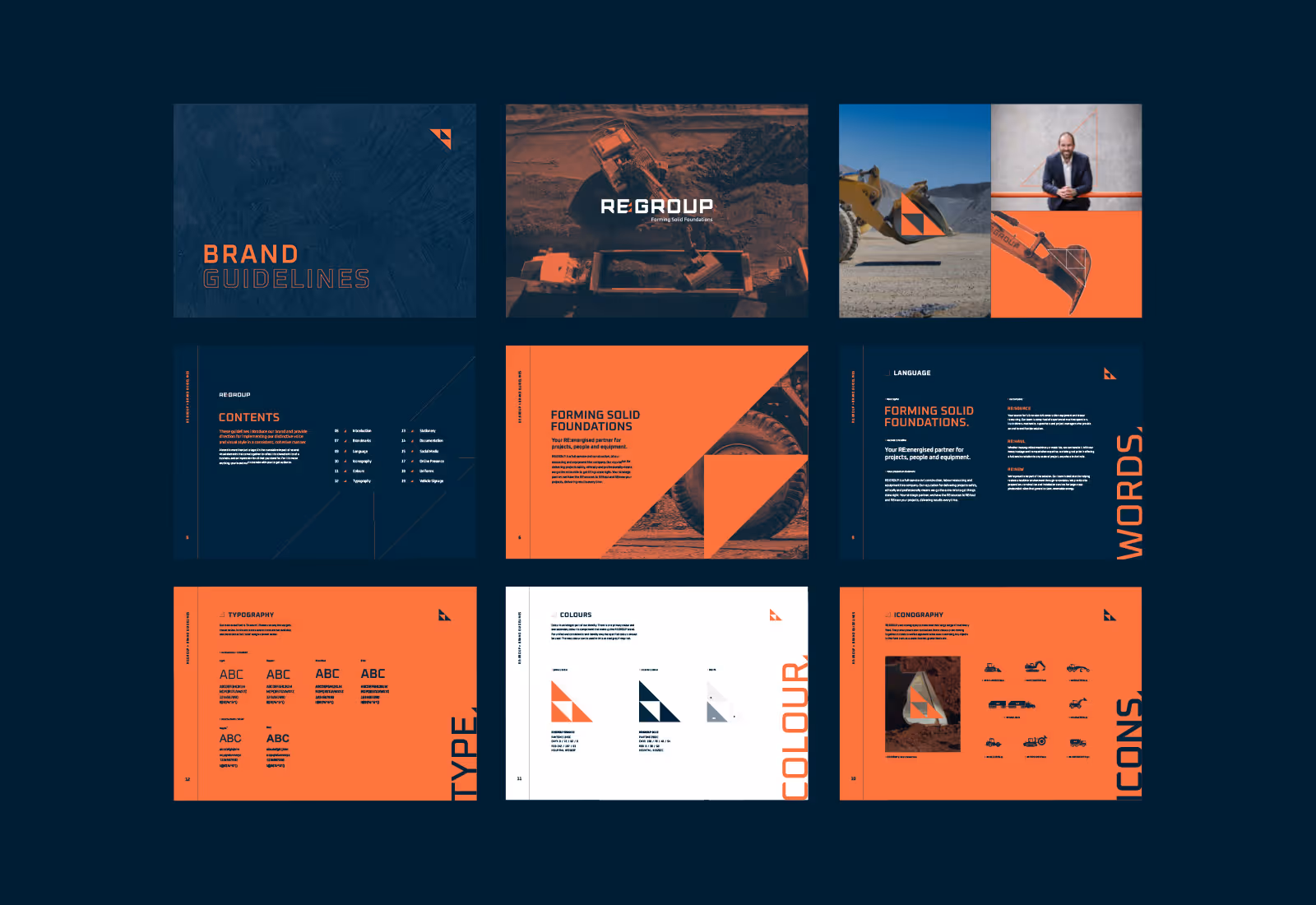 REGROUP brand guidelines pages showing logo, colours, and typography.