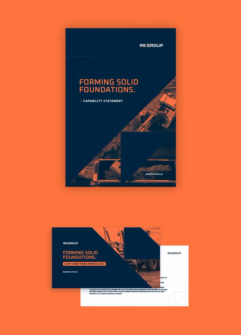 REGROUP capability statement and tender proposal with bold orange and navy design.