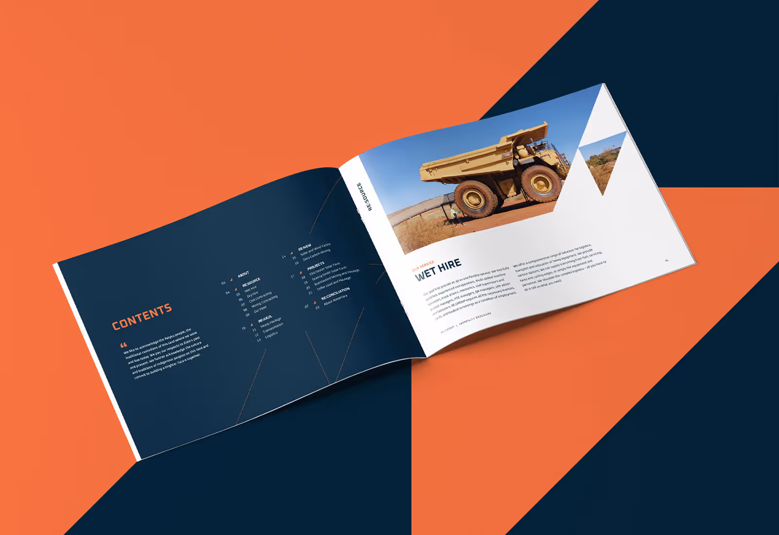 Open REGROUP brochure with bold design and dump truck image on “Wet Hire” page.