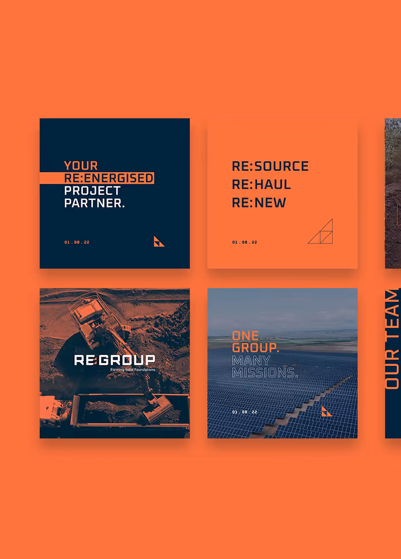 Grid of four RE:GROUP promotional graphics with bold text and industry imagery