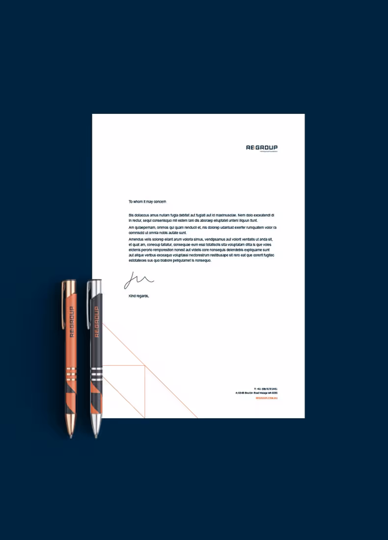RE:GROUP branded letterhead with two branded pens