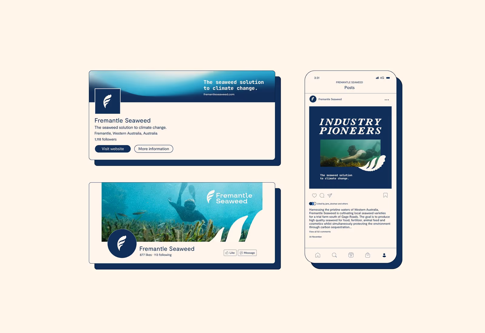 Fremantle Seaweed digital social media and LinkedIn branding mock-ups with sustainability messaging.