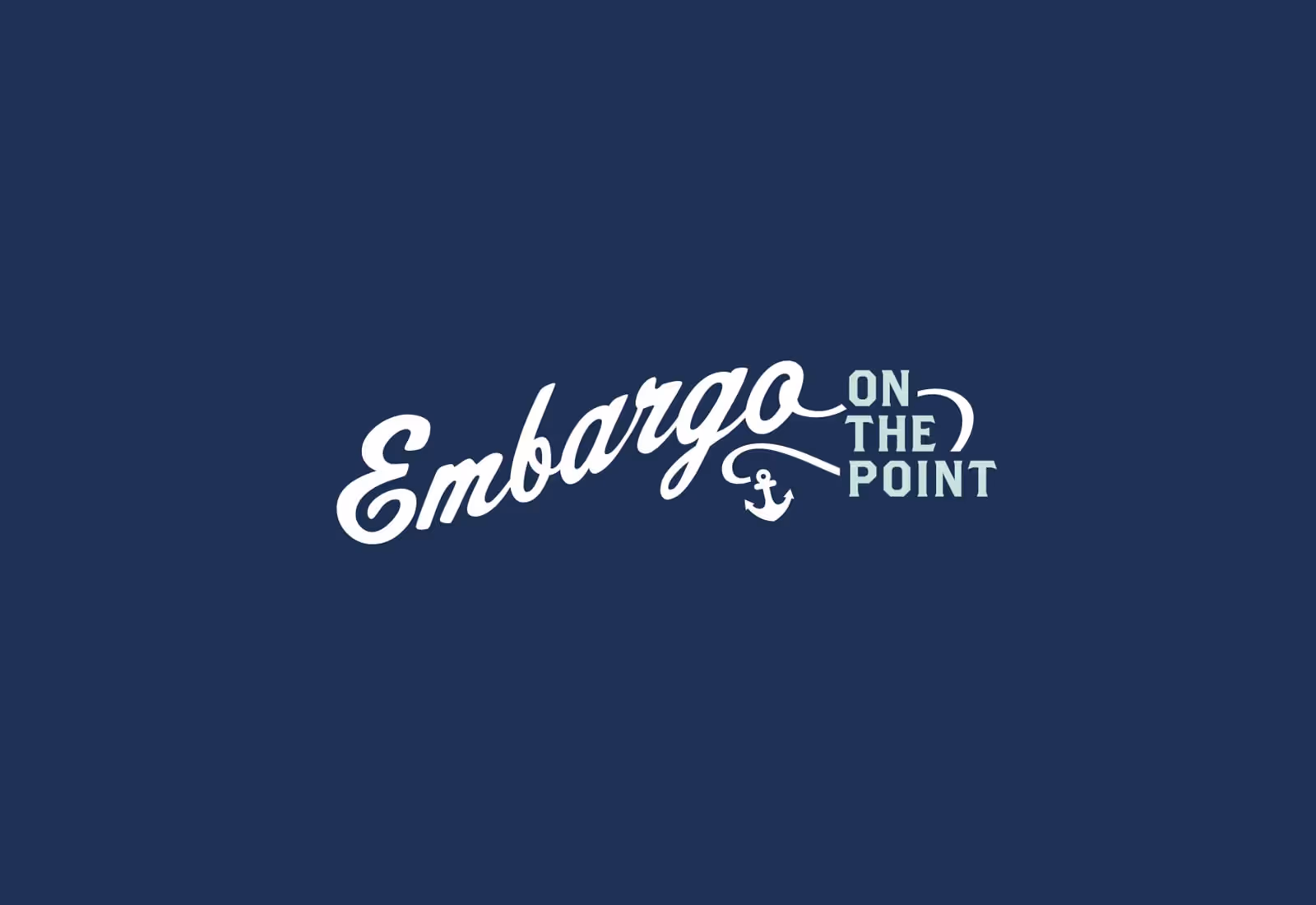 Stylised “Embargo on the Point” logo in white and light blue with an integrated anchor graphic, set against a solid navy background, conveying a nautical and coastal brand identity.