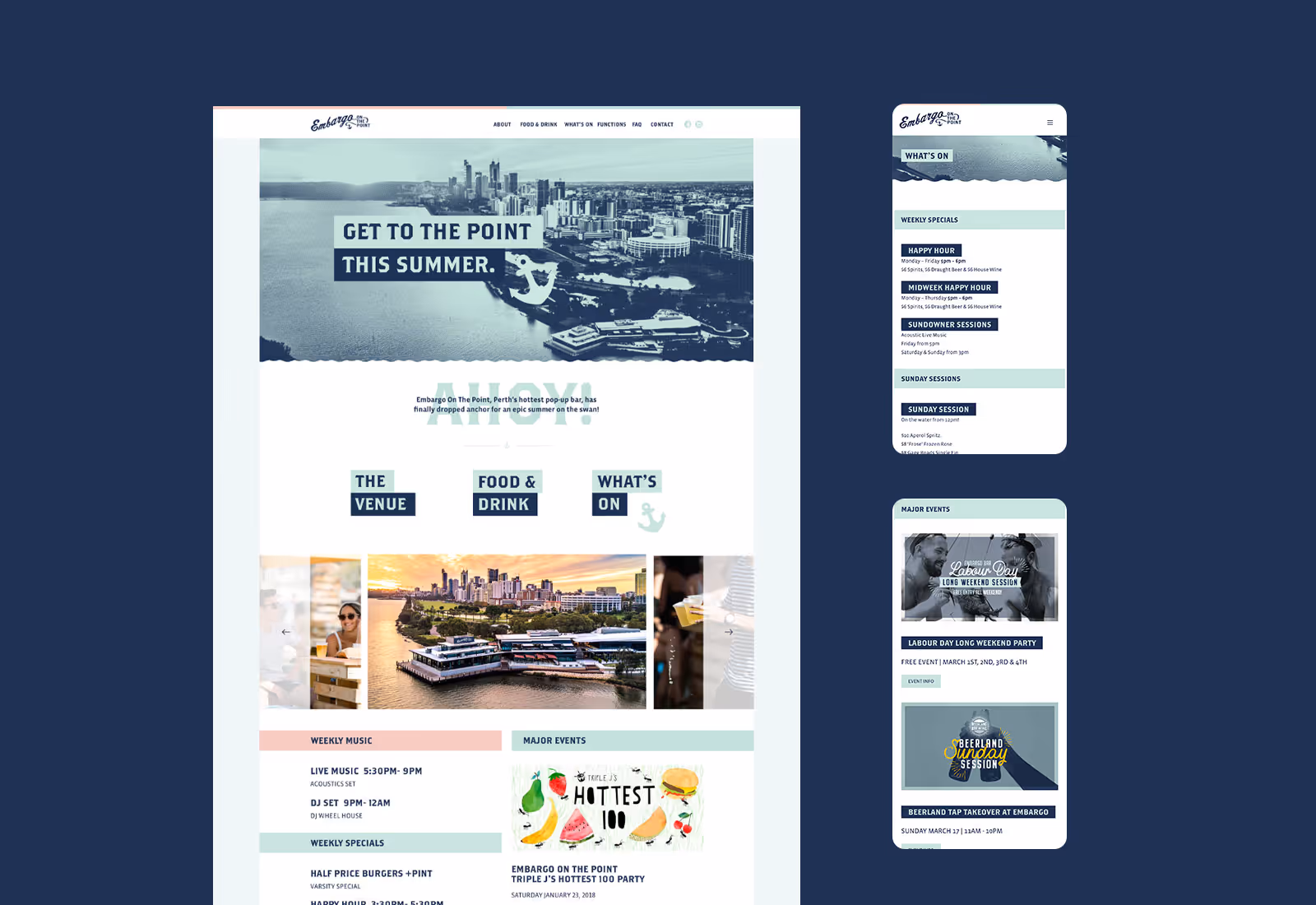 Website mockup for Embargo on the Point featuring a blue-and-white design with aerial imagery of the Perth foreshore, event listings, food and drink details, and summer promotions, displayed on both desktop and mobile screens.