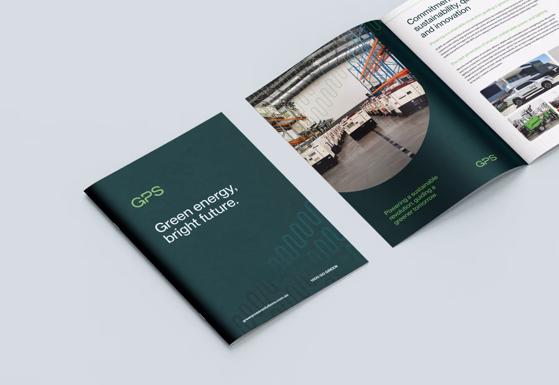 Open GPS brochure and cover displaying green energy branding and product photography