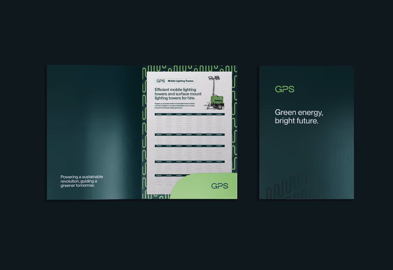 GPS product folder showing lighting tower hire information and green branding
