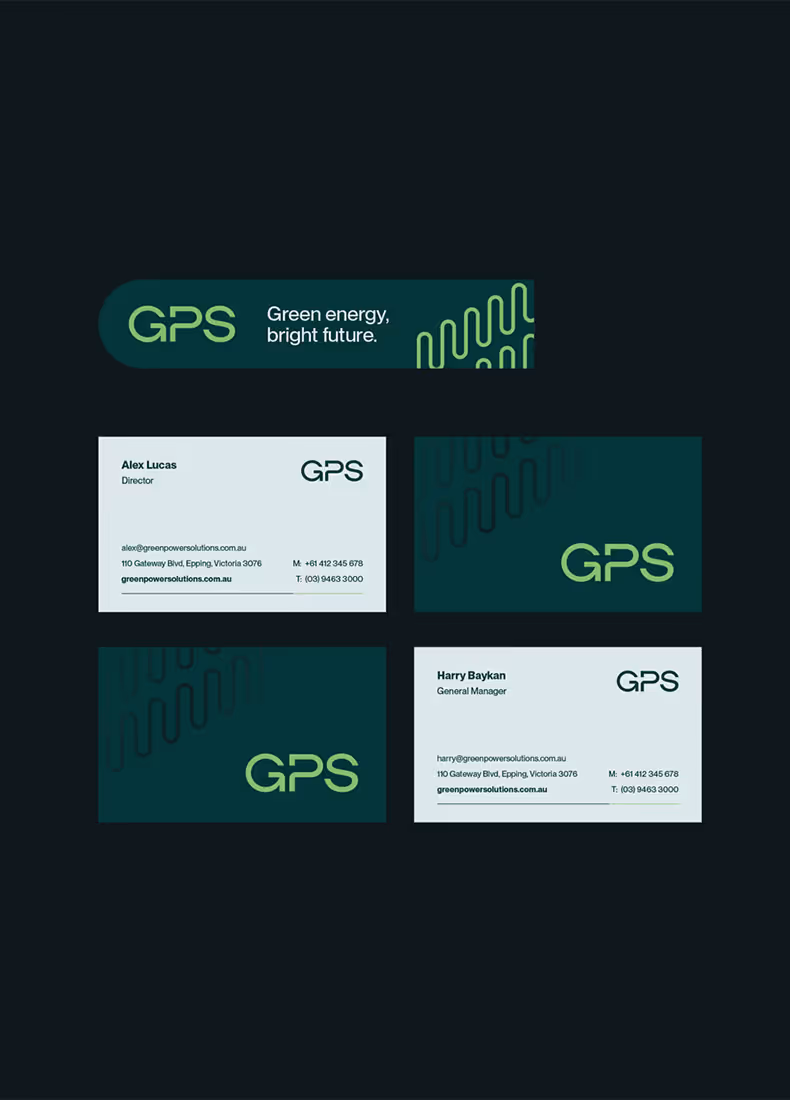 Set of GPS-branded business cards and promotional stickers with contact details and slogan