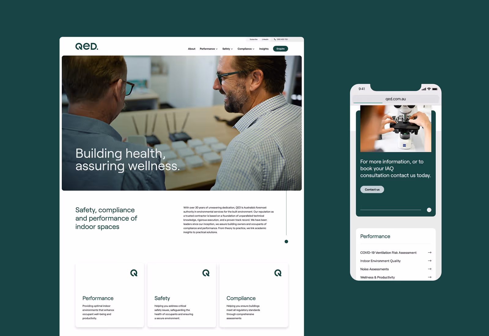 QED website and mobile interface mockups displaying the tagline 'Building health, assuring wellness' and service navigation.