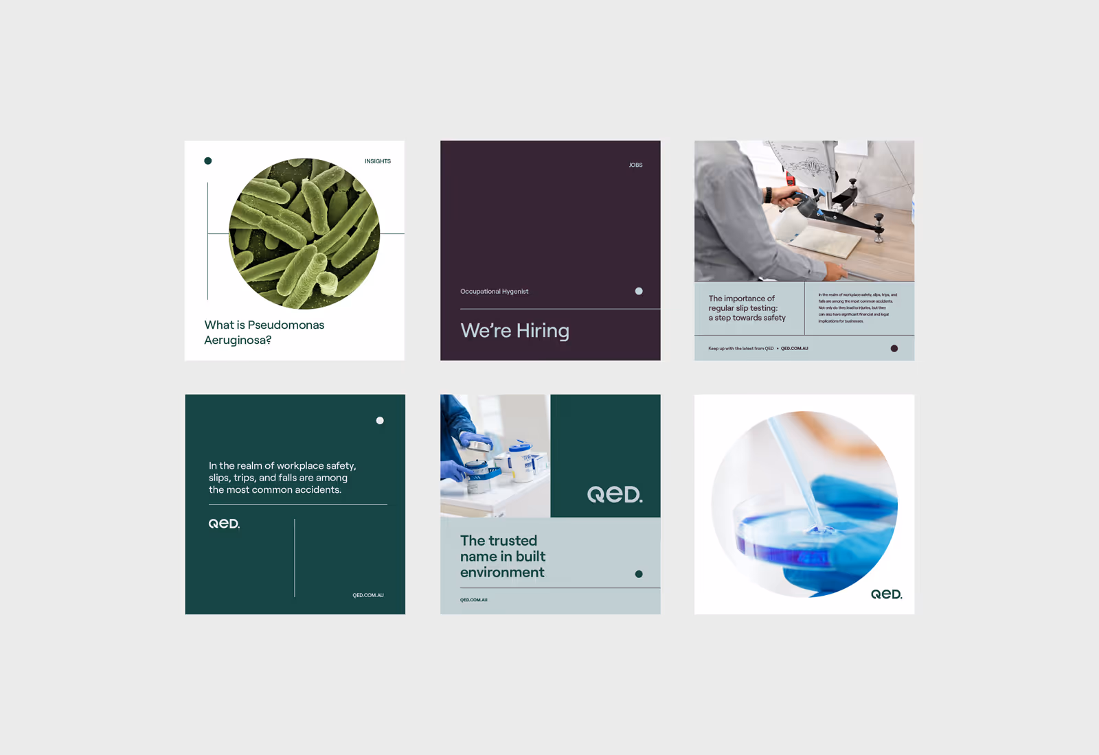 Grid of six QED social media tiles featuring scientific visuals, brand insights, hiring announcements, and safety messaging.