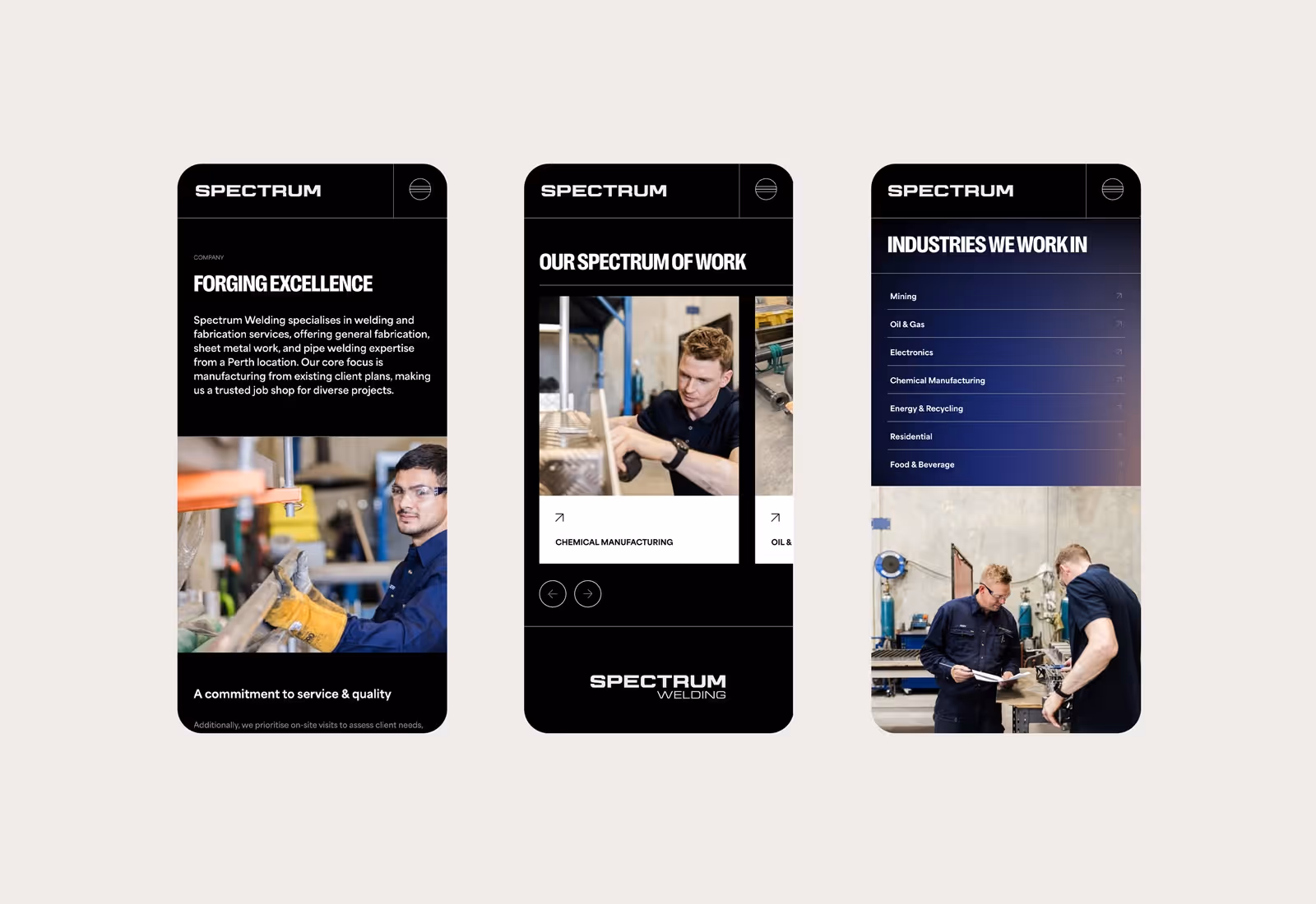 Spectrum Welding mobile website mockups showing services, industries, and workers