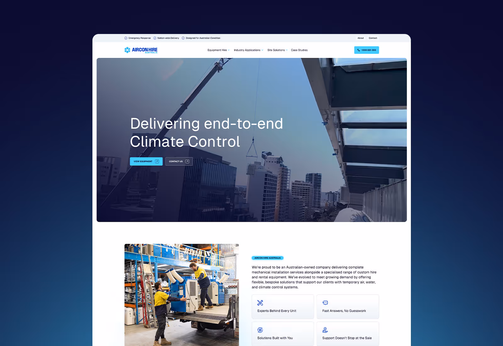 Aircon Hire Australia website homepage on desktop showing a crane lifting HVAC equipment on a city rooftop with the headline 'Delivering end-to-end Climate Control.'