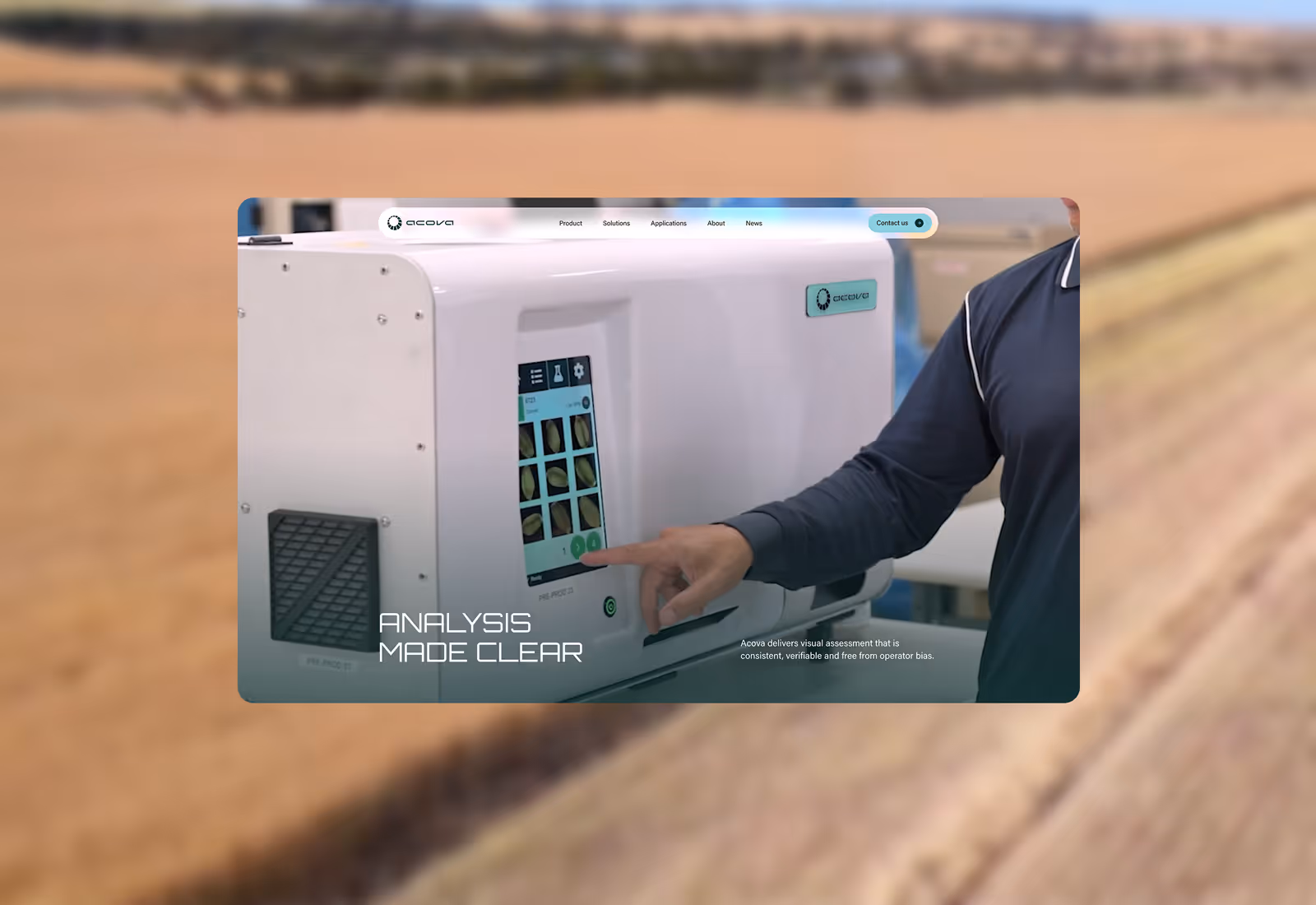 Acova website homepage shown floating against a blurred agricultural landscape, displaying the PRE-PROC 21 grain analyser machine with the headline 'Analysis Made Clear.'