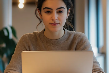 Young woman focused on a laptop screen in a softly lit indoor setting.