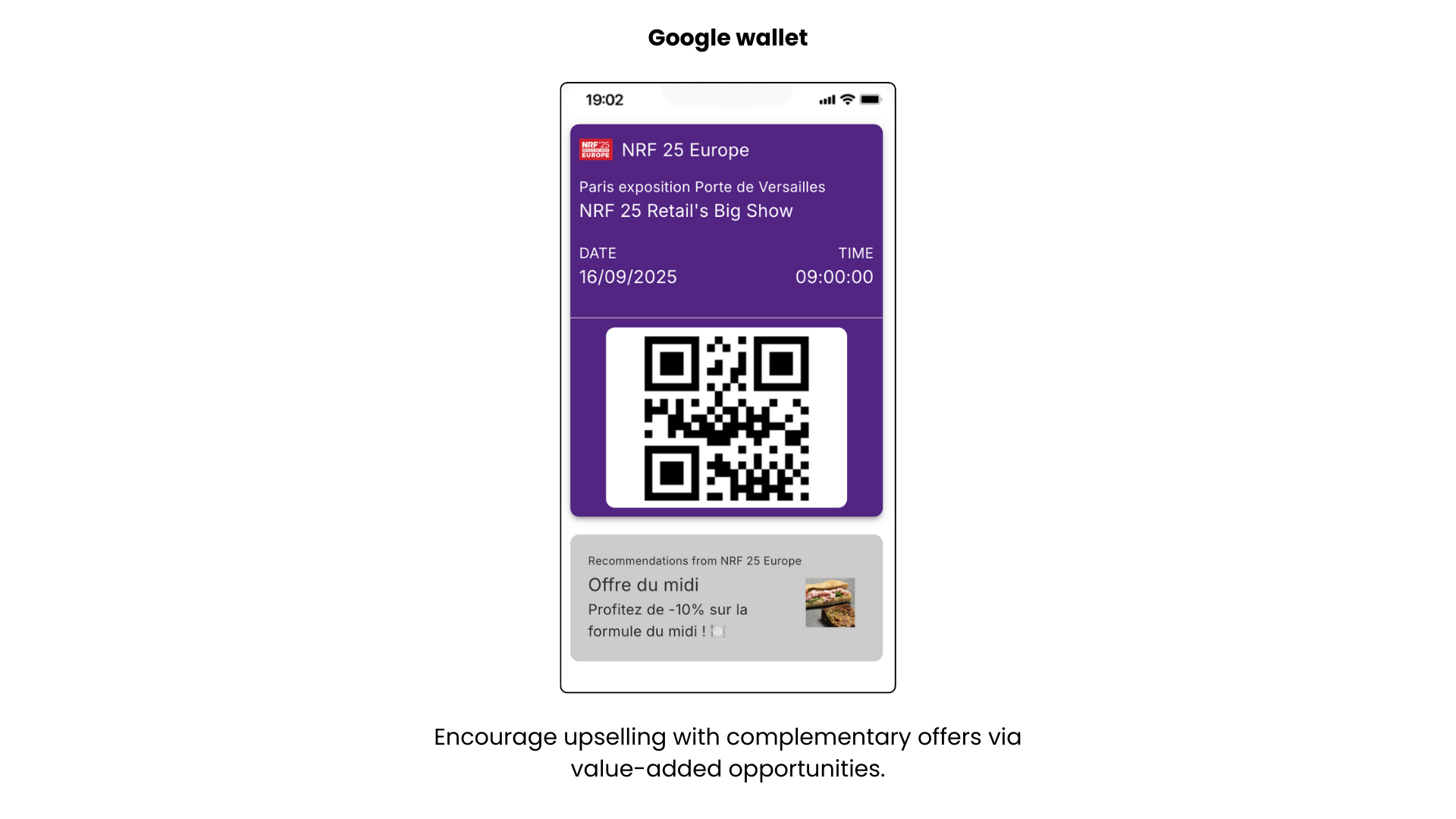 Value-added offer shown on a Google Wallet event pass