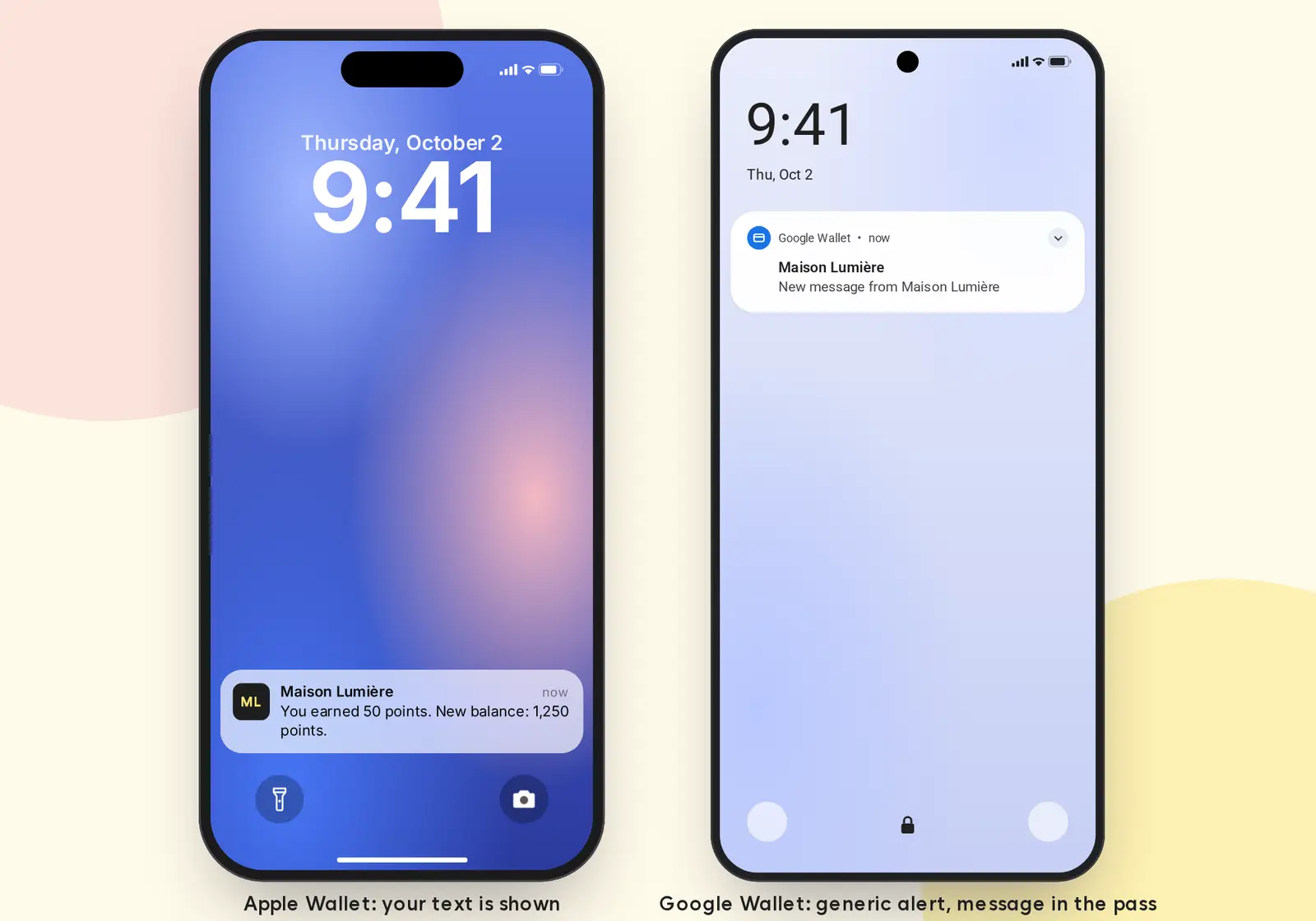 An Apple Wallet notification with custom text compared with a generic Google Wallet notification