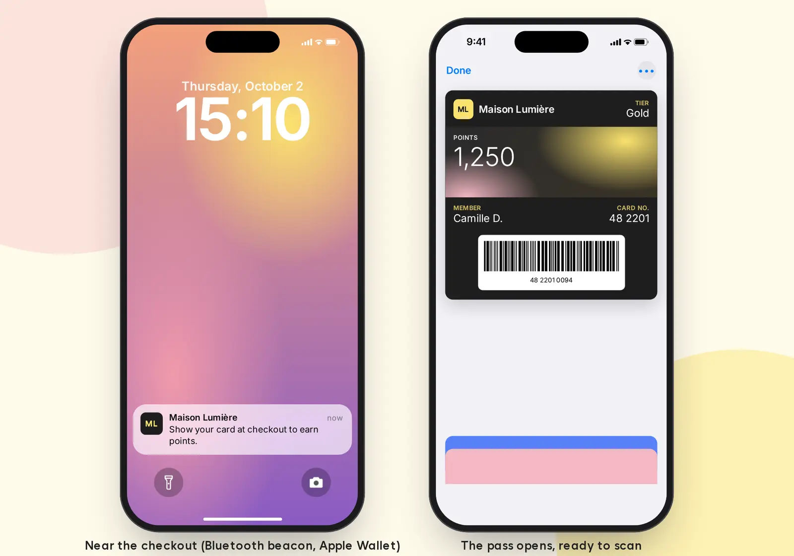 Notification triggered near checkout by a Bluetooth beacon, then the card ready to scan
