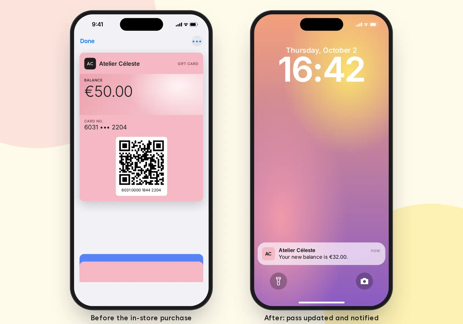 Gift card before the purchase, then the new balance notification after the pass update