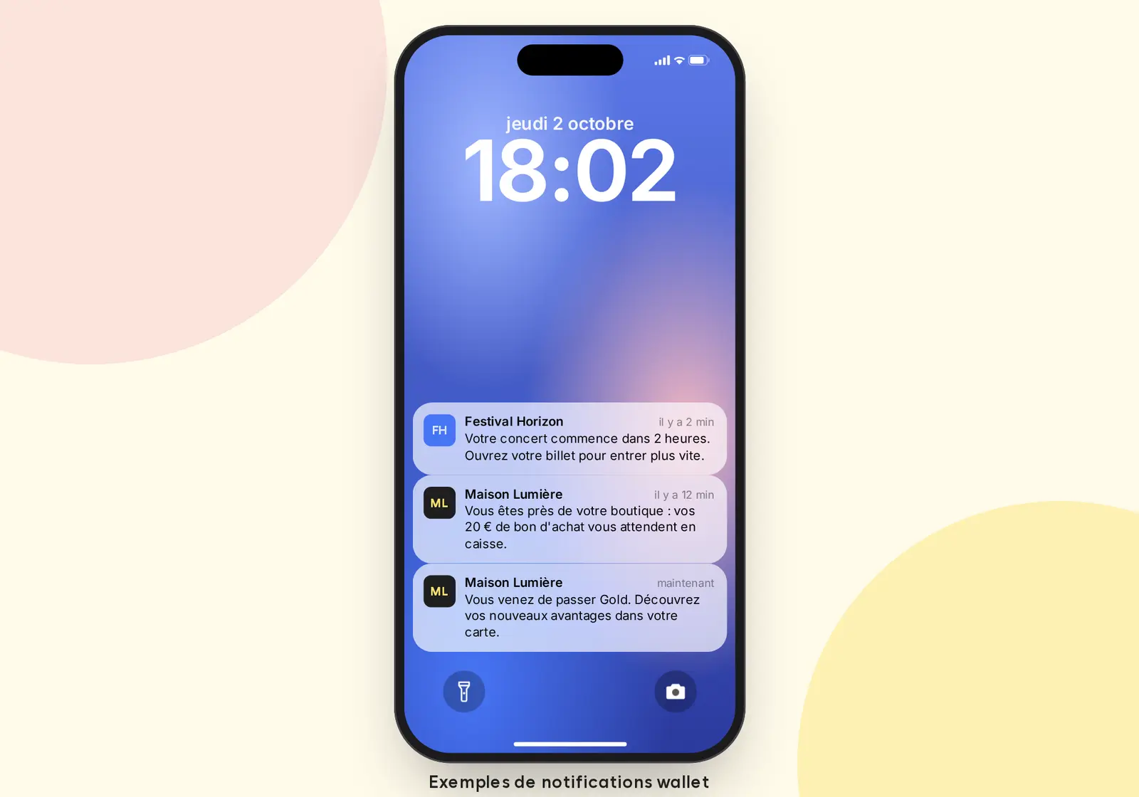 Exemples de notifications wallet sur un écran verrouillé iPhone