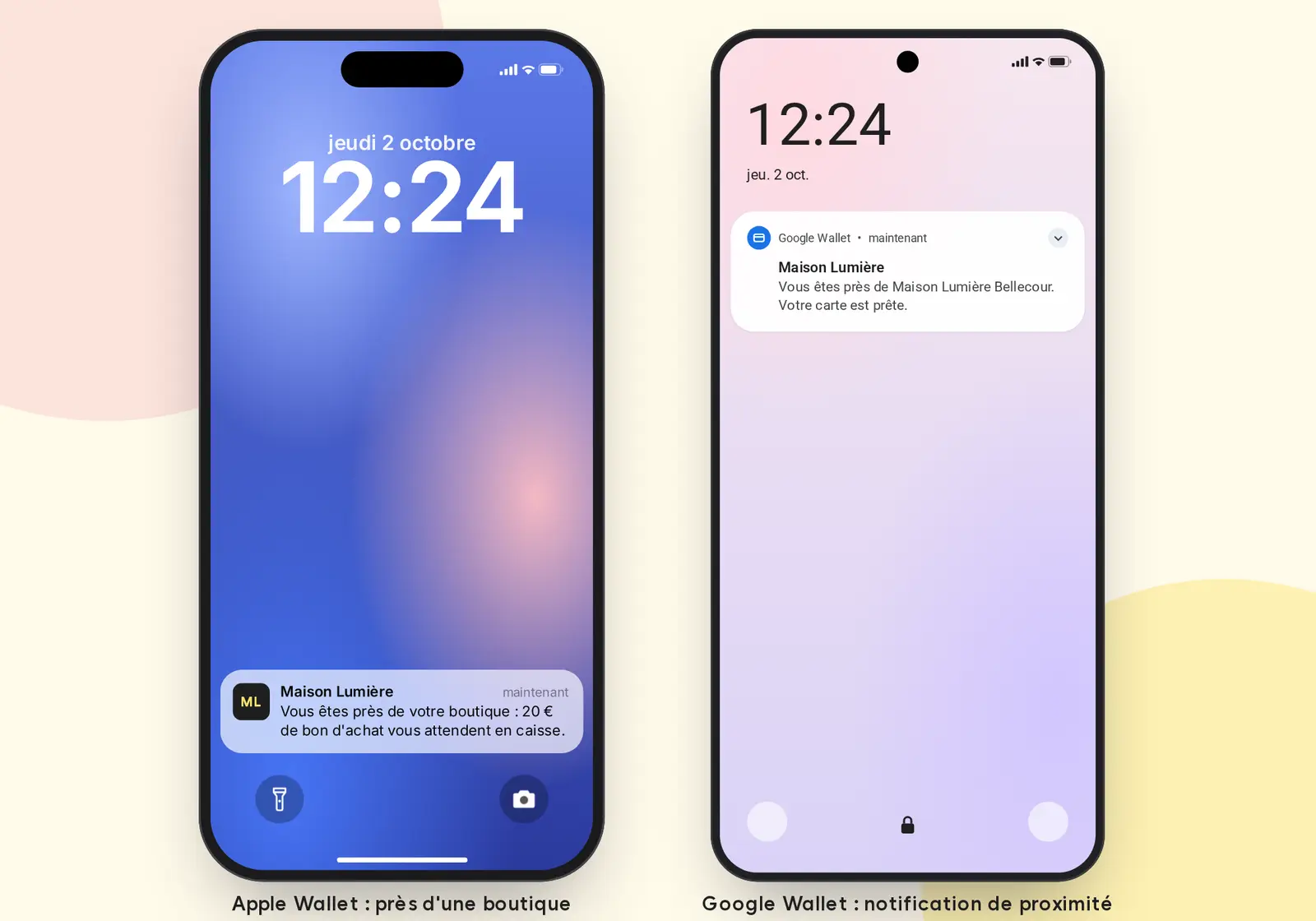 Notification géolocalisée près d'une boutique sur Apple Wallet et notification de proximité Google Wallet