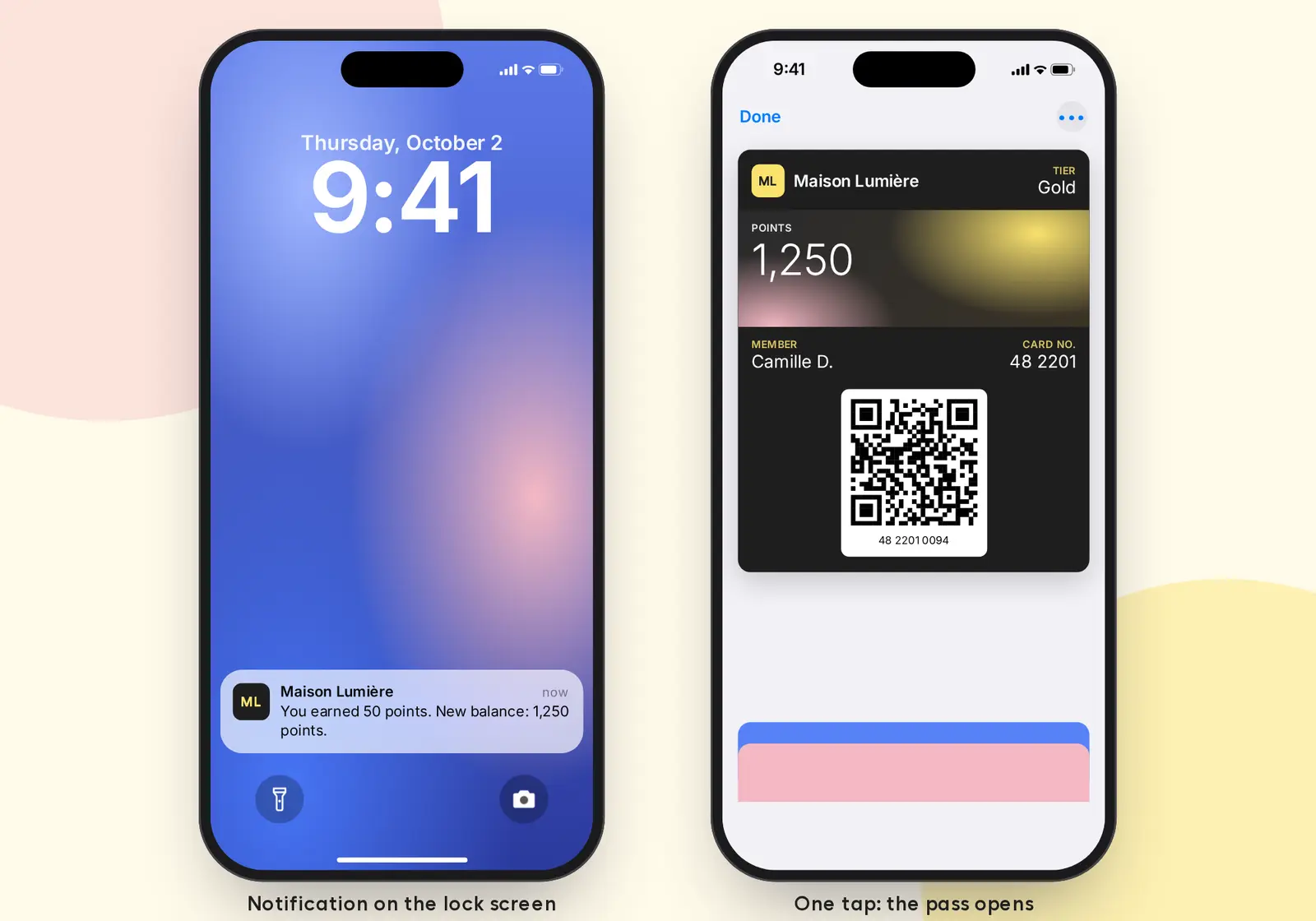 Wallet notification on an iPhone lock screen, then the loyalty card opened in Apple Wallet