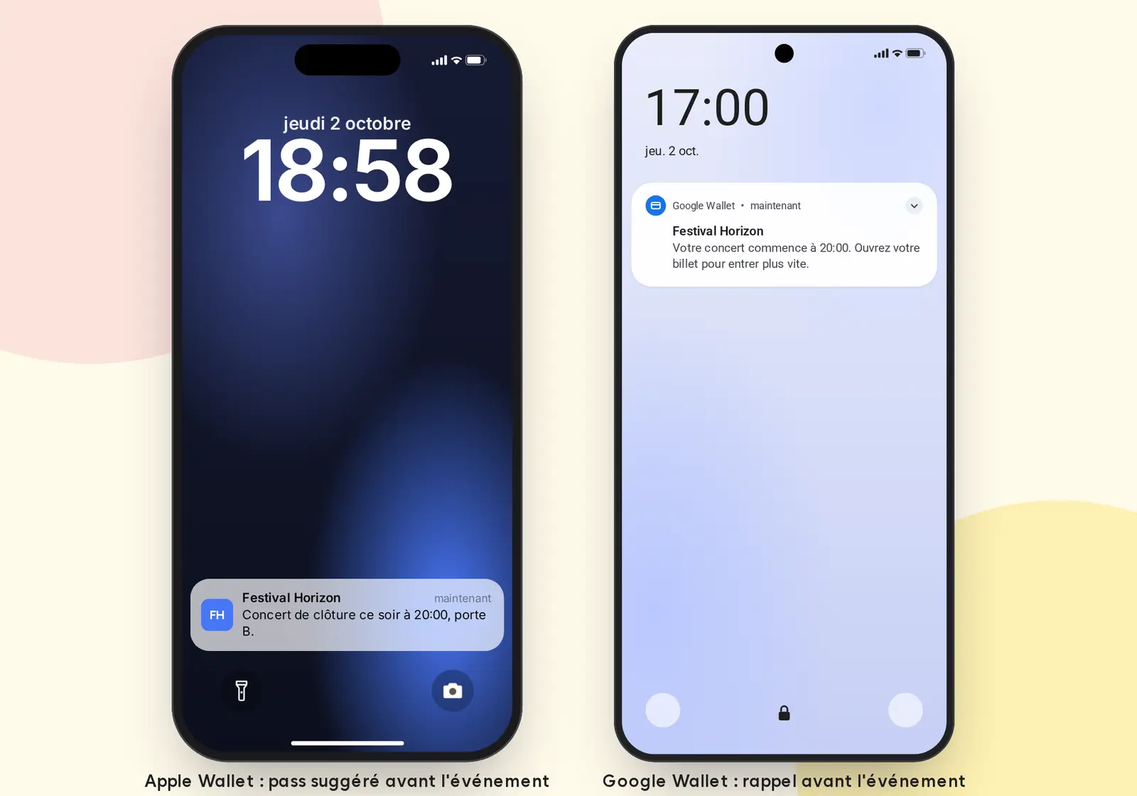 Billet suggéré sur l'écran verrouillé iPhone avant l'événement et rappel Google Wallet sur Android