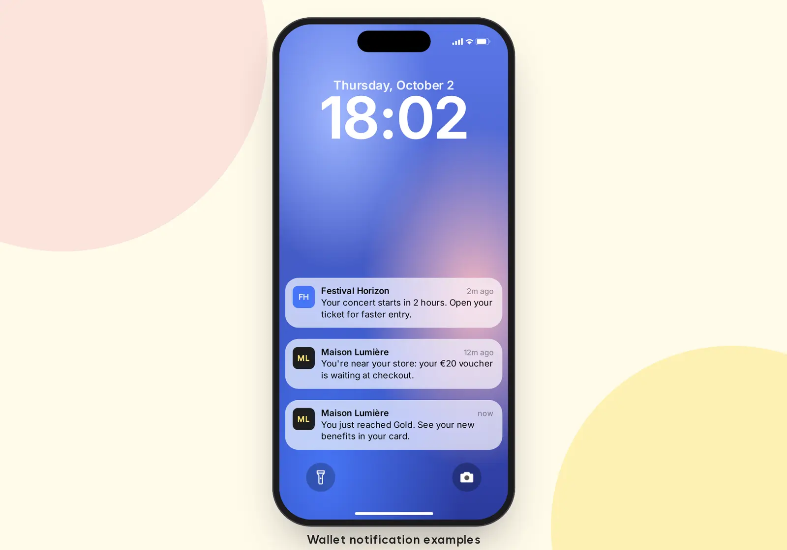 Wallet notification examples on an iPhone lock screen