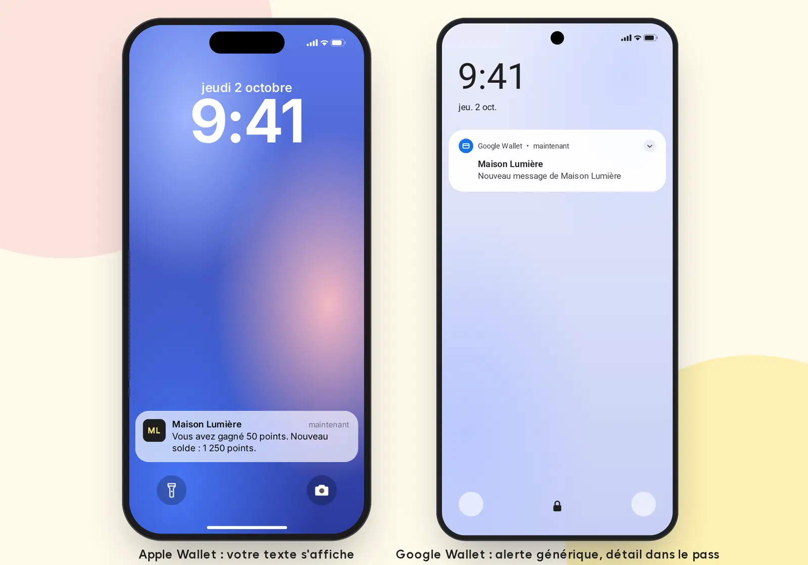 Comparaison d'une notification Apple Wallet avec texte personnalisé et d'une notification Google Wallet générique