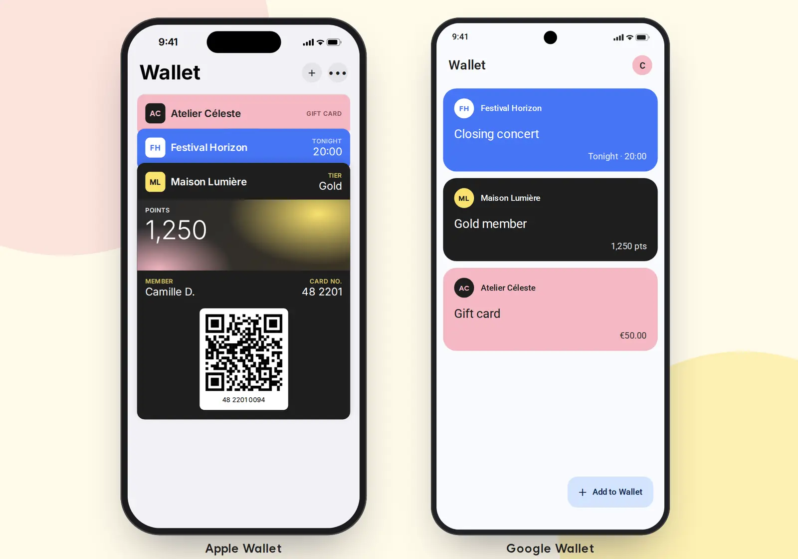 Apple Wallet and Google Wallet screens with a loyalty card, an event ticket and a gift card
