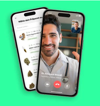 Zwei Smartphones auf grünem Hintergrund, eines zeigt einen Videoanruf mit einem lächelnden Arzt namens Dr. Reinhard Brandl, das andere eine Liste auswählbarer Cannabisprodukte.