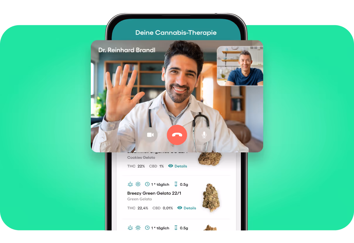 Videoanruf auf einem Smartphone zwischen einem lächelnden Arzt, der winkt, und einem Patienten, wobei auf dem Bildschirm Optionen für eine Cannabis-Therapie angezeigt werden.