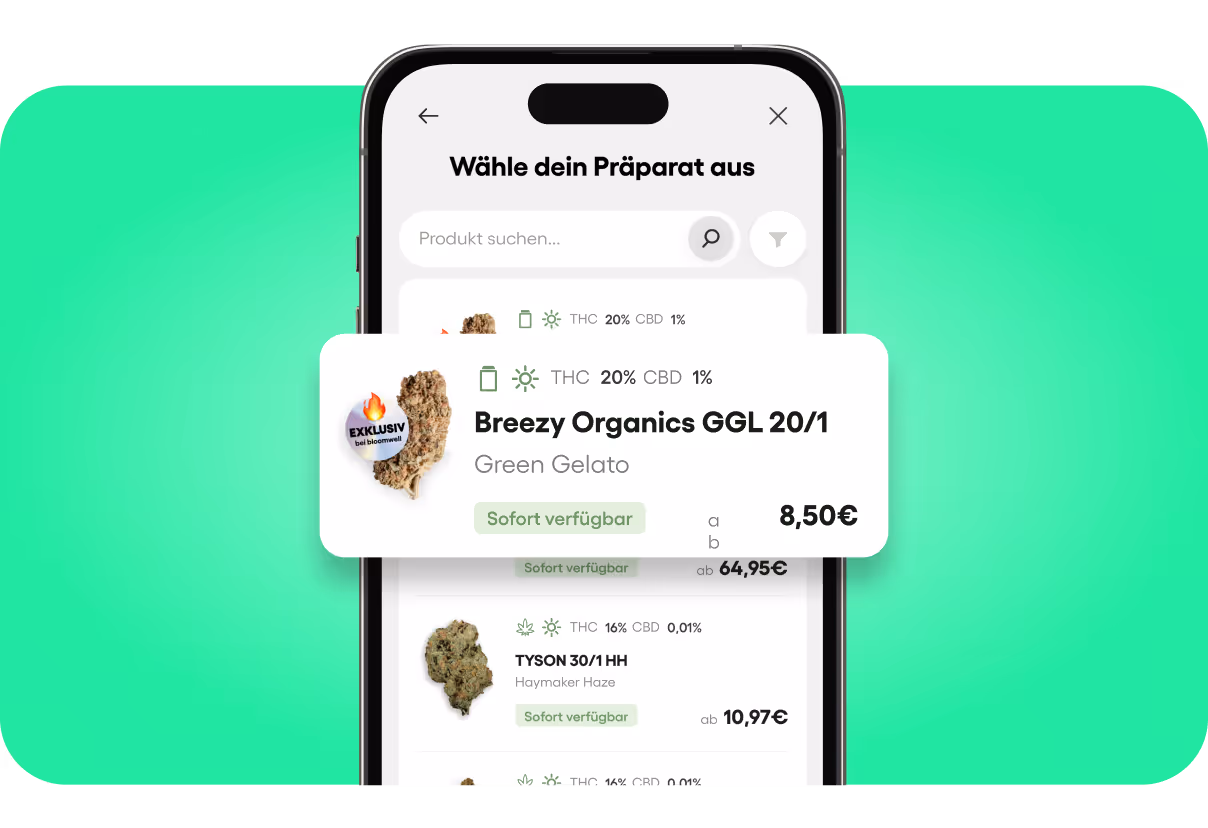 Smartphone-Bildschirm mit einer App zur Auswahl von Cannabisprodukten, auf der Breezy Organics GGL 20/1 Green Gelato für 8,50 Euro angeboten wird.