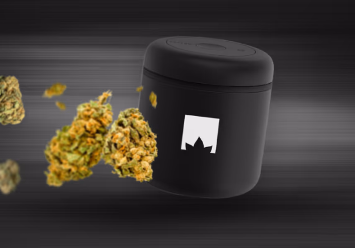 Schwarze Bloomwell Dose mit Logo, umgeben von Cannabisblüten, die vor einem dunklen, verschwommenen Hintergrund schweben.
