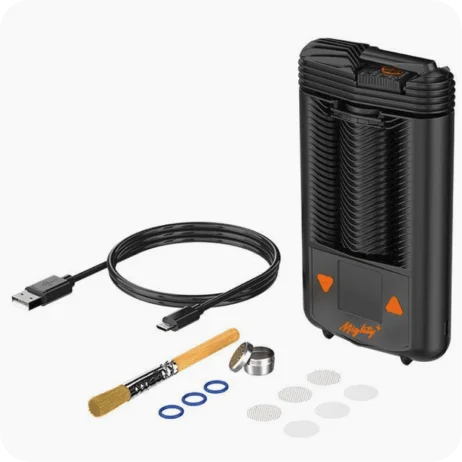 Das Bild zeigt ein schwarzes, handliches Gerät, das wie ein Vaporizer aussieht, zusammen mit verschiedenen Zubehörteilen. Rechts steht der Vaporizer, der vertikal gestaltet ist und mit gerippten Details sowie zwei orangefarbenen Knöpfen ausgestattet ist. Links daneben liegt ein USB-Kabel für die Stromversorgung. Zusätzlich sind ein kleiner Pinsel, vermutlich zur Reinigung, fünf kleine, runde Siebe und ein paar blaue Dichtungsringe abgebildet. Diese Art von Gerät kann verwendet werden, um Cannabis für medizinische Zwecke zu konsumieren, indem die Pflanze erhitzt und die Wirkstoffe als Dampf inhaliert werden. Dies könnte Teil eines Online-Rezepts für Cannabis-Nutzer sein.
