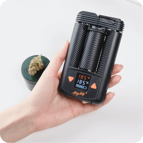 Das Bild zeigt eine Hand, die einen tragbaren Vaporizer hält. Dieser hat ein digitales Display, das die Temperatur von 185 Grad Celsius anzeigt. Im Hintergrund ist ein dunkler Behälter mit einem Stück Cannabis zu sehen. Der Vaporizer vermittelt den Eindruck, bei der Anwendung von Cannabis im Rahmen eines Rezepts hilfreich zu sein, indem er die Temperatur kontrolliert.