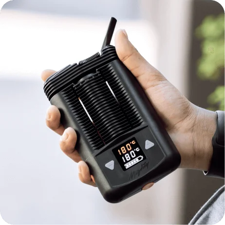 Ein dunkles, tragbares Verdampfungsgerät wird in einer Hand gehalten. Es zeigt auf einem kleinen Bildschirm eine Temperaturanzeige von 180 Grad Celsius an. Zwei Pfeiltasten befinden sich unterhalb des Bildschirms. Das Gerät eignet sich zur Erhitzung von Cannabis als Teil eines Rezepts, das den Verdampfungsprozess einbezieht. Der Hintergrund ist unscharf, sodass das Gerät im Mittelpunkt steht.