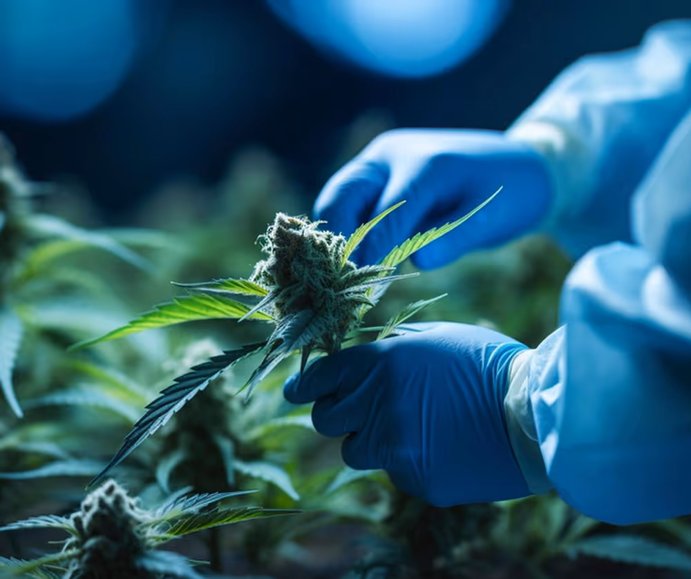 Person mit blauen Handschuhen, die eine Cannabispflanze mit dichten Knospen in einer Indoor-Anbauanlage inspiziert.