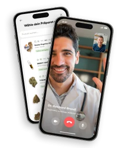 Darstellung der Bloomwell App und einem Videocall mit einem der Ärzte.