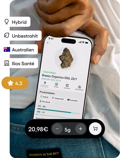 Hand holding a smartphone displaying a cannabis product page for Breezy Organics GGL 22/1 Green Gelato with details on hybrid type, origin Australia, and 4.3 rating.