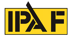 Logo IPAF en noir et jaune avec lettres stylisées IPAF sur fond jaune.