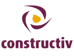 Logo de Constructiv avec un symbole graphique autour d'une forme jaune.