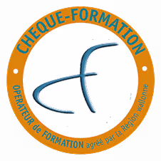 Logo circulaire avec texte 'CHEQUE-FORMATION' et 'opérateur de formation agréé Région Wallonne'
