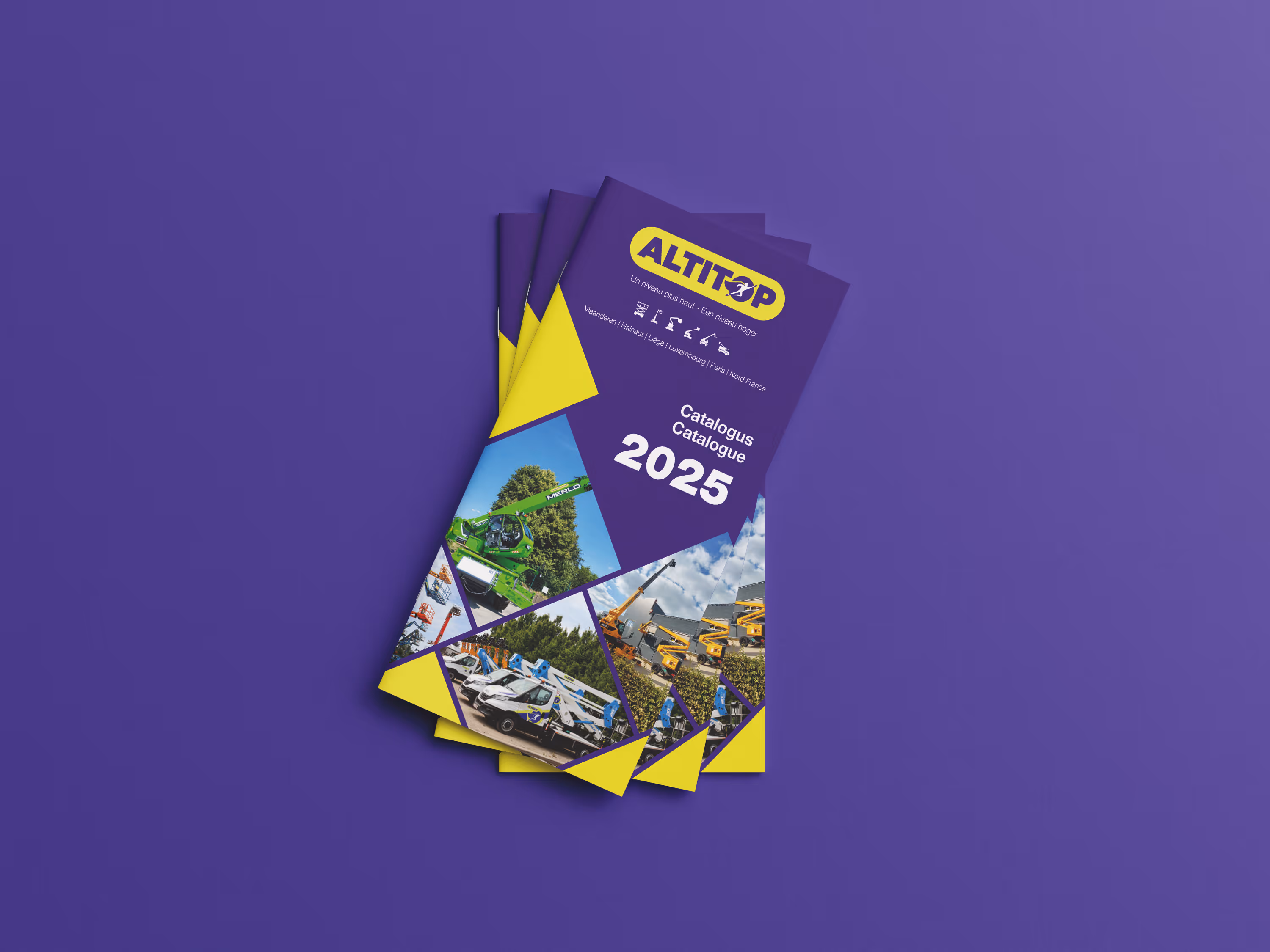 Catalogue Altitop 2025 avec images d'équipements de levage sur fond violet et jaune.