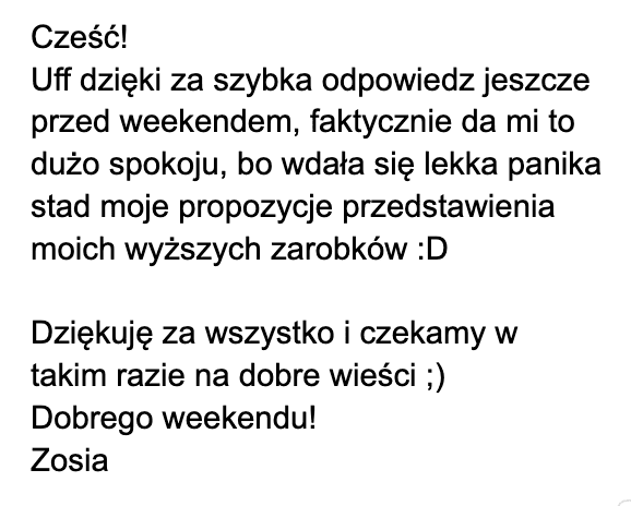 Tekst wiadomości po polsku wyrażający wdzięczność za szybką odpowiedź i nadzieję na dobre wieści, podpisany imieniem Zosia.